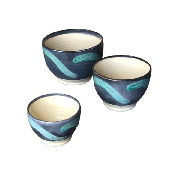 Artisan Pottery Ceramic Nesting Bowls Set Blue Turquoise 1987 Southwestern EUC - Picture 9 of 12